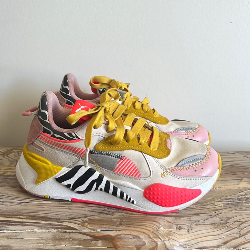 Womens Sz 6 Puma RS-X unexpected mix zebra colorful athletic shoes. Pink yellow